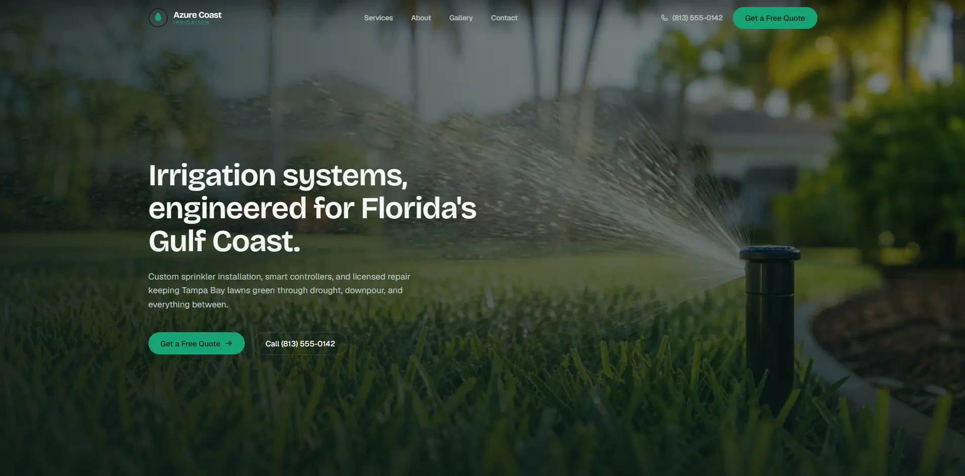 Screenshot of the Azure Coast Irrigation website homepage, showing a sprinkler watering a lawn with the headline 'Irrigation systems, engineered for Florida's Gulf Coast' and Get a Free Quote and Call buttons