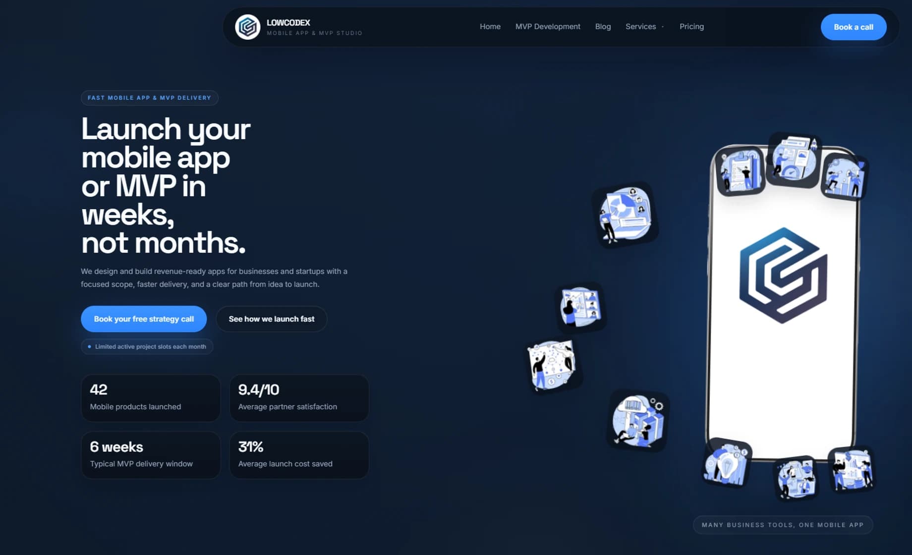 Screenshot of the Lowcodex website homepage, showing the hero section with mobile app and MVP delivery messaging and a phone mockup