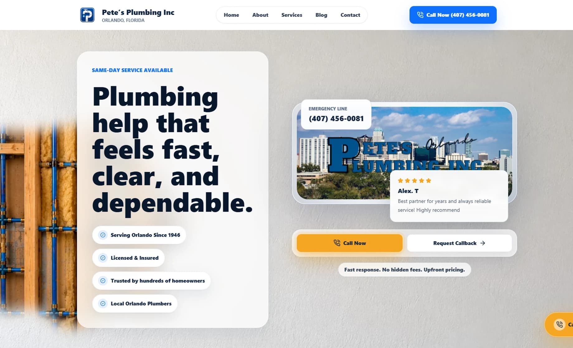 Screenshot of the Pete's Plumbing Inc website homepage, showing the hero section with same-day service messaging and call-to-action buttons