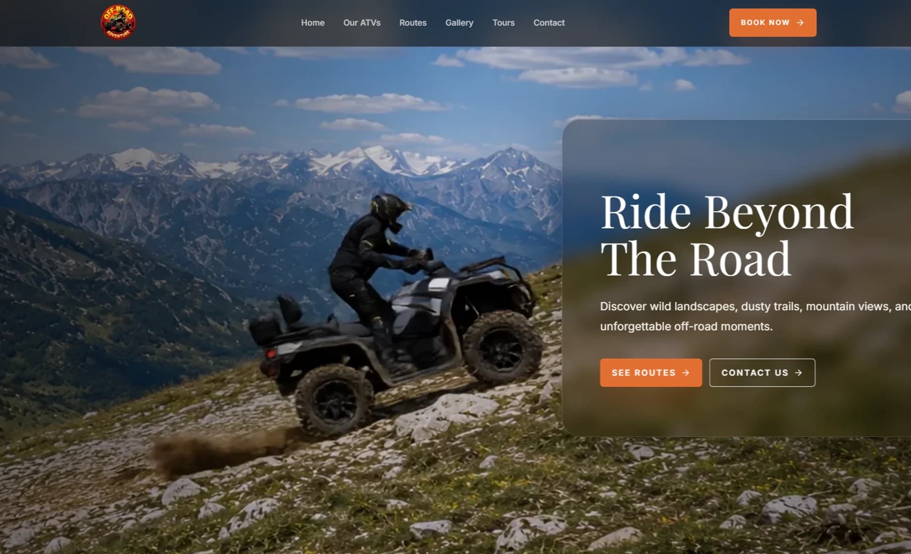Screenshot of the Off-Road Adventure ATV rental website homepage, showing a rider on a mountain trail with route and booking call-to-action buttons